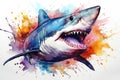 watercolor Shark Hungry shark illustration with splash watercolor textured background