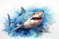 watercolor Shark Hungry shark illustration with splash watercolor textured background