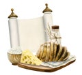 Watercolor Shavuot greeting card template with traditional symbols food, blank Torah scroll, cheese, bread, milk. wheat