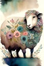 Watercolor sheep with flowers. Hand drawn illustration for your design.