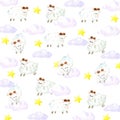 Watercolor sheeps, stars and clouds background