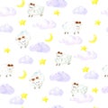 Watercolor sheeps, stars and clouds seamless background
