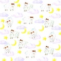 Watercolor sheeps, stars, moon and clouds background