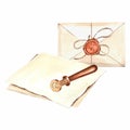 Watercolor sheets of paper, envelope sealed and vintage bronze wax seal pen. Template drawn writing old stationery Royalty Free Stock Photo