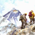 Watercolor of sherpas on himalayan mountain near Everest