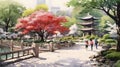 Watercolor Of Shinjuku Gyoen National Garden On Light Background