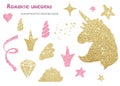 Watercolor shiny romantic set with unicorn, crown, brillant. Romantic Unicorn collection. Royalty Free Stock Photo