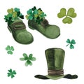 Hand drawn artistic objects: clover, green boots, a leprechaun`s hat