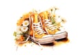 watercolor shoes with yellow daisies flowers on white background