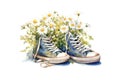 watercolor shoes with yellow daisies flowers on white background