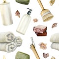 Watercolor shower accessories, soap, dry massage brush, towels, bath salt, shower gel seamless pattern on white Royalty Free Stock Photo