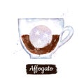 Watercolor side view illustration of Affogato coffee