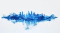 Watercolor silhouette of a city skyline enveloped in blue mist