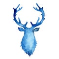 Watercolor silhouette of deer in blue color. Animal head painting. Stag and antler christmas illustration isolated on Royalty Free Stock Photo