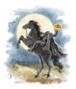 Watercolor silhouette of eadless horseman with halloween pumpkin and moon Royalty Free Stock Photo