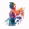 Watercolor silhouette graduate student. Hand drawn young woman in a graduation cap and mantle