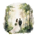 Watercolor silhouette lover couple holding hand in the forest. Watercolor wedding illustration