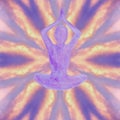 Watercolor silhouette of a man practicing yoga on a kaleidoscope background. lotus pose composition. karma meditation collage Royalty Free Stock Photo