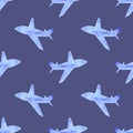 Watercolor silhouettes of airplanes seamless pattern. transport, travel, flights