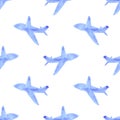 Watercolor silhouettes of airplanes seamless pattern. transport, travel, flights