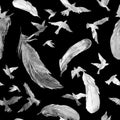 Watercolor silhouettes of flying birds and feathers on black. Seamless pattern Royalty Free Stock Photo