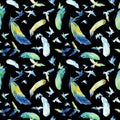 Watercolor silhouettes of flying birds and feathers on black. Seamless pattern Royalty Free Stock Photo