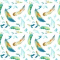 Watercolor silhouettes of flying birds and feathers. Seamless pattern Royalty Free Stock Photo