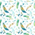 Watercolor silhouettes of flying birds and feathers. Seamless pattern Royalty Free Stock Photo