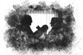 Watercolor silhouettes of happy parents, father and mother holding newborn baby by the window Royalty Free Stock Photo