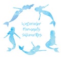 Watercolor silhouettes of mermaids set. vector illustration eps10