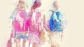 Watercolor silhouettes of three girls with backpacks in pastel hues, depicting motion and youth.