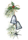 Watercolor silver Christmas bells garland with holiday decor. Hand painted traditional bells with holly, star and