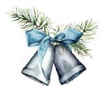 Watercolor silver Christmas bells. Hand painted scandinavian bells with blue ribbon and fir branches isolated on white