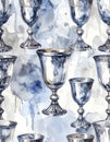 Watercolor Silver Goblets Pattern with Blue Splashes Royalty Free Stock Photo