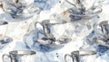 Watercolor Silver Teacups Pattern Royalty Free Stock Photo