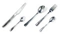 Watercolor silverware. Set of spoons knife and fork. Hand drawn realistic illustration with five tableware items. Shiny