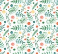 Watercolor Simple Berries, Green Leaves And Red Dots Repeat Pattern