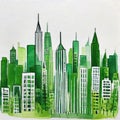Watercolor of Simple drawing of a green city skyline with tall