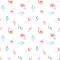 Watercolor simple pink wildflowers, branches and leaves seamless pattern Royalty Free Stock Photo