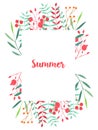 Watercolor simple red and green branches and berries floral frame