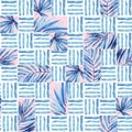 Watercolor simple seamless pattern. Blocks of tropical leaves and lines background