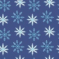 Watercolor simple seamless pattern with white snowflakes. Winter texture. Christmas template.Watercolour dark Blue