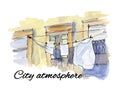 Watercolor drawn urban laundry sketch