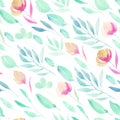 Watercolor simple spring pink wildflowers, green branches and leaves seamless pattern Royalty Free Stock Photo
