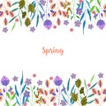 Watercolor simple spring and summer purple flowers and green branches card template
