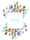 Watercolor simple spring and summer purple flowers and green branches frame