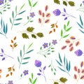 Watercolor simple spring and summer purple flowers and green branches seamless pattern