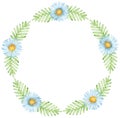 Watercolor simple spring wreath with camomiles and green leaves. Circle floral frame. Childish template