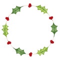 Watercolor simple wreath of holly with red berries, isolated on a white background. Illustration for various products Royalty Free Stock Photo