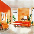 Watercolor of Simplicity defines torange living room with clean and uncluttered